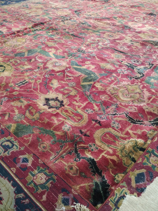 Blue and Red, Pure Wool Antique Handknotted 16.0x23.0Ft 487x701Cms Area Rug