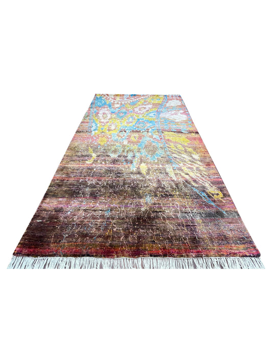 Ivory and Camel Pure Sari Silk Textured Modern Handknotted 5.10x8.10Ft 178x269Cms Area Rug