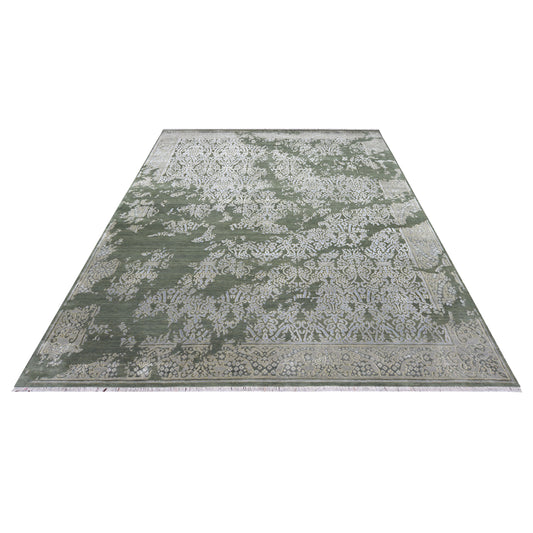 Ivory Olive Green, Silk Wool Hi-Lo Transitional Erased Handknotted 8.11x12.4Ft 272x375Cms Area Rug
