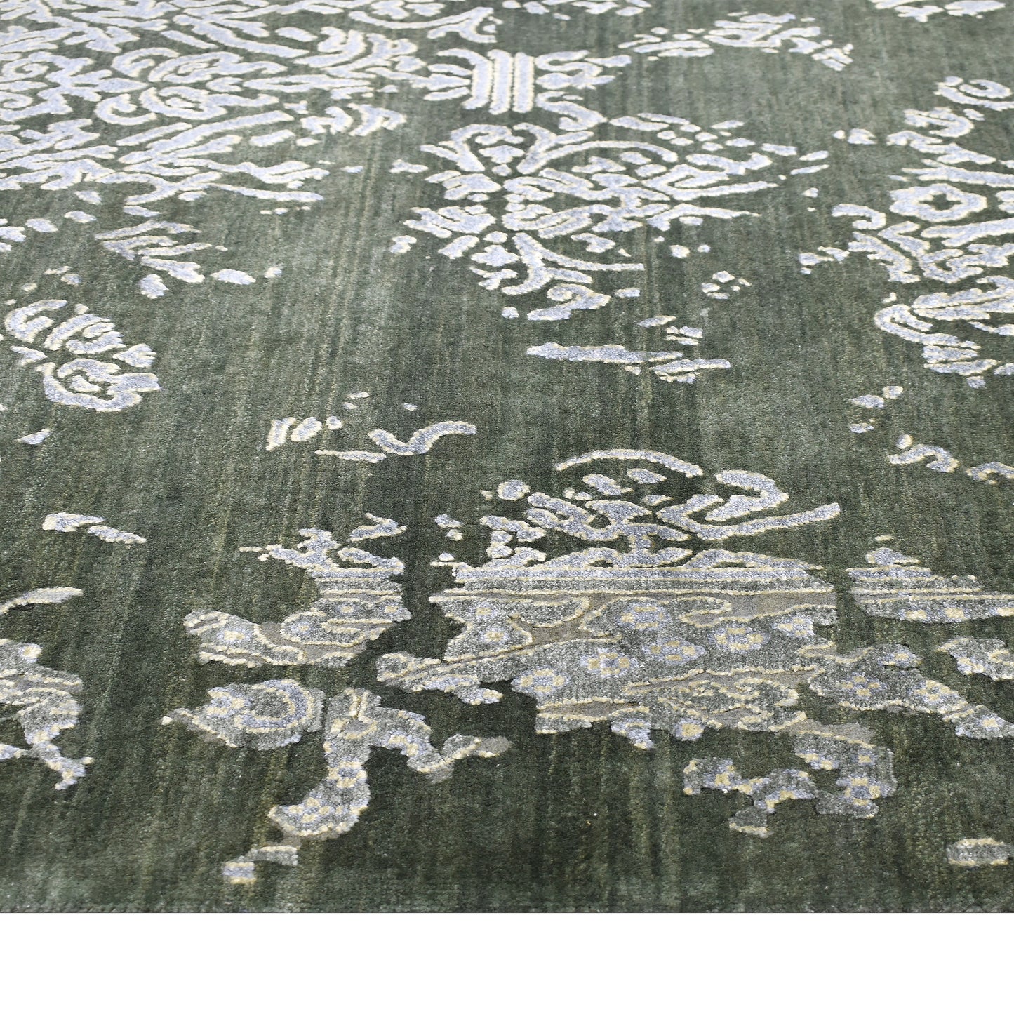 Ivory Olive Green, Silk Wool Hi-Lo Transitional Erased Handknotted 8.11x12.4Ft 272x375Cms Area Rug
