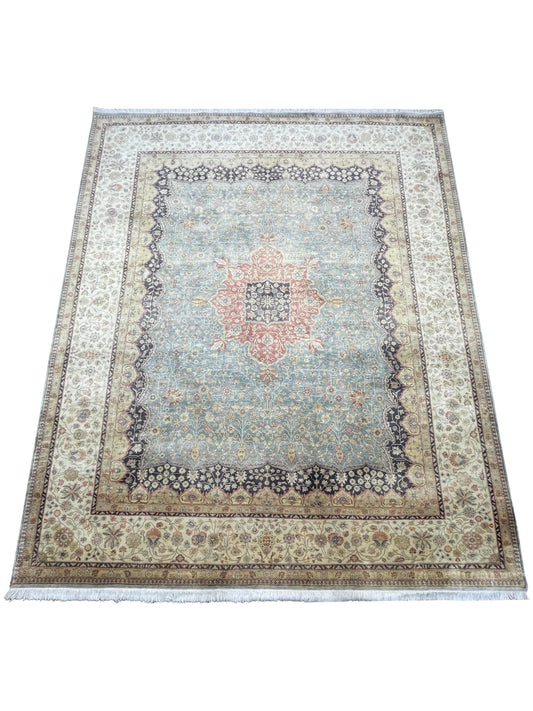 Blue and Ivory Pure Silk Traditional Luxury Handknotted 8.1x9.10 246x301 Area Rug
