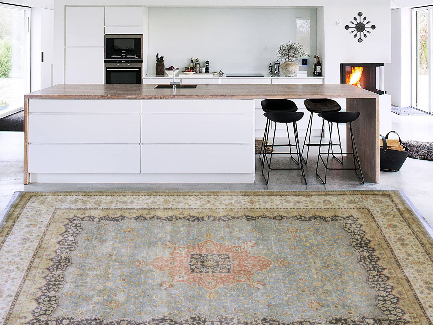 Blue and Ivory Pure Silk Traditional Luxury Handknotted 8.1x9.10 246x301 Area Rug