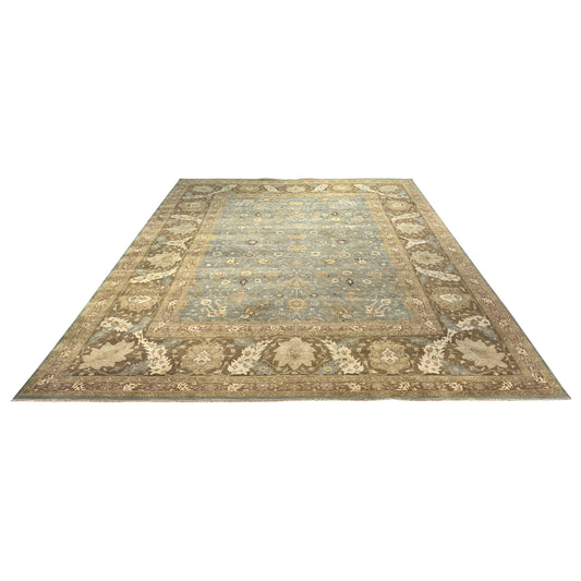 Brown and L. Blue, Pure Wool Regular Traditional Handknotted 11.11x14.8Ft 364x448Cms Area Rug