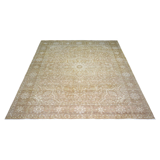 Floral Brown Ivory and Camel Traditional Tebriz Pure Wool Luxury Handknotted 7.9x9.10Ft 236x298Cms Area Rug