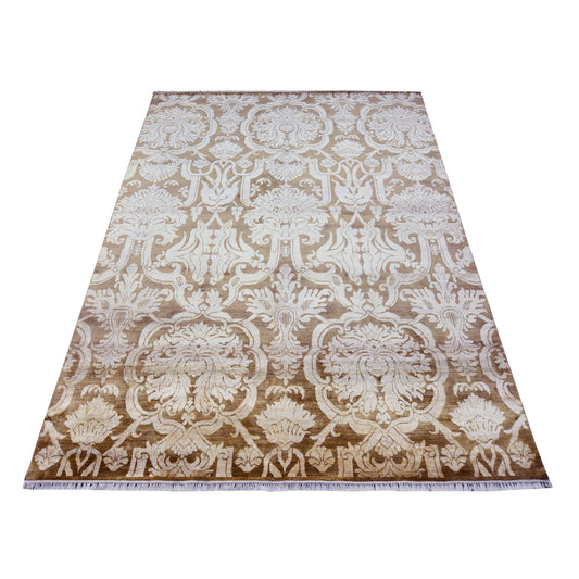 Elegacy Ivory, Camel and Brown Transitional Damask Pure Silk Handknotted 7.11x10.2Ft 240x309Cms Area Rug