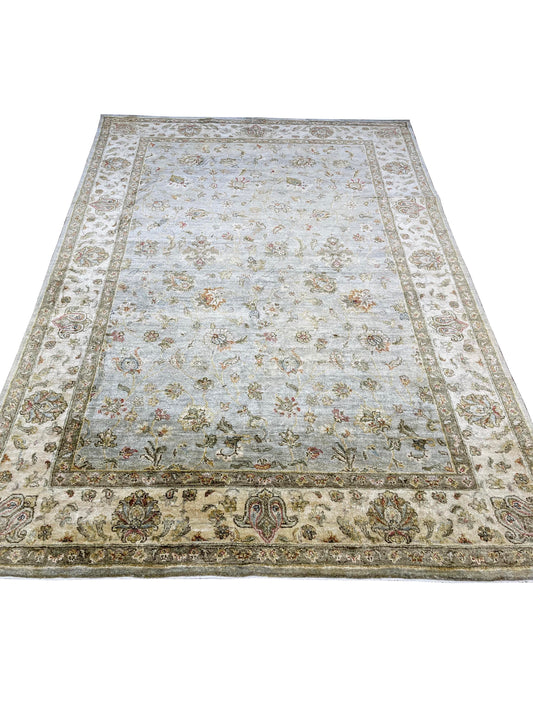 Silver and Camel Pure Silk Agra Traditional Handknotted 5.11x9.0Ft 179x276Cms Area Rug