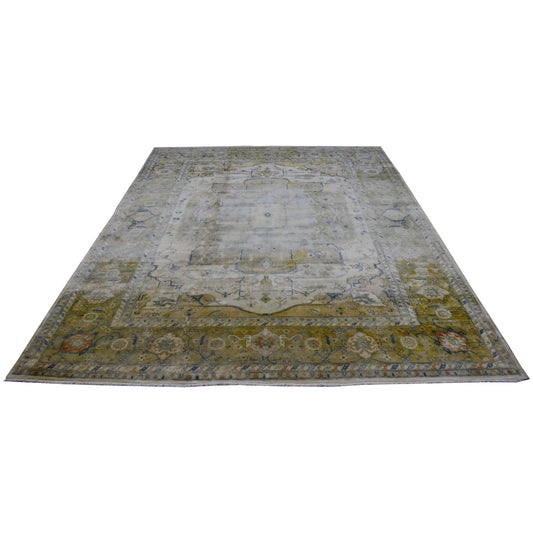 Mahal Rust, Ivory, Yellow and Blue Antique Heriz Luxury Traditional Pure Wool Handknotted 8.10x11.8Ft 269x359Cms Area Rug