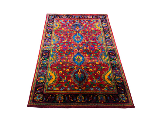 Red Multi Pure Sari Silk Traditional Luxury Handknotted 3.11x6.1Ft 121x185 Area Rug
