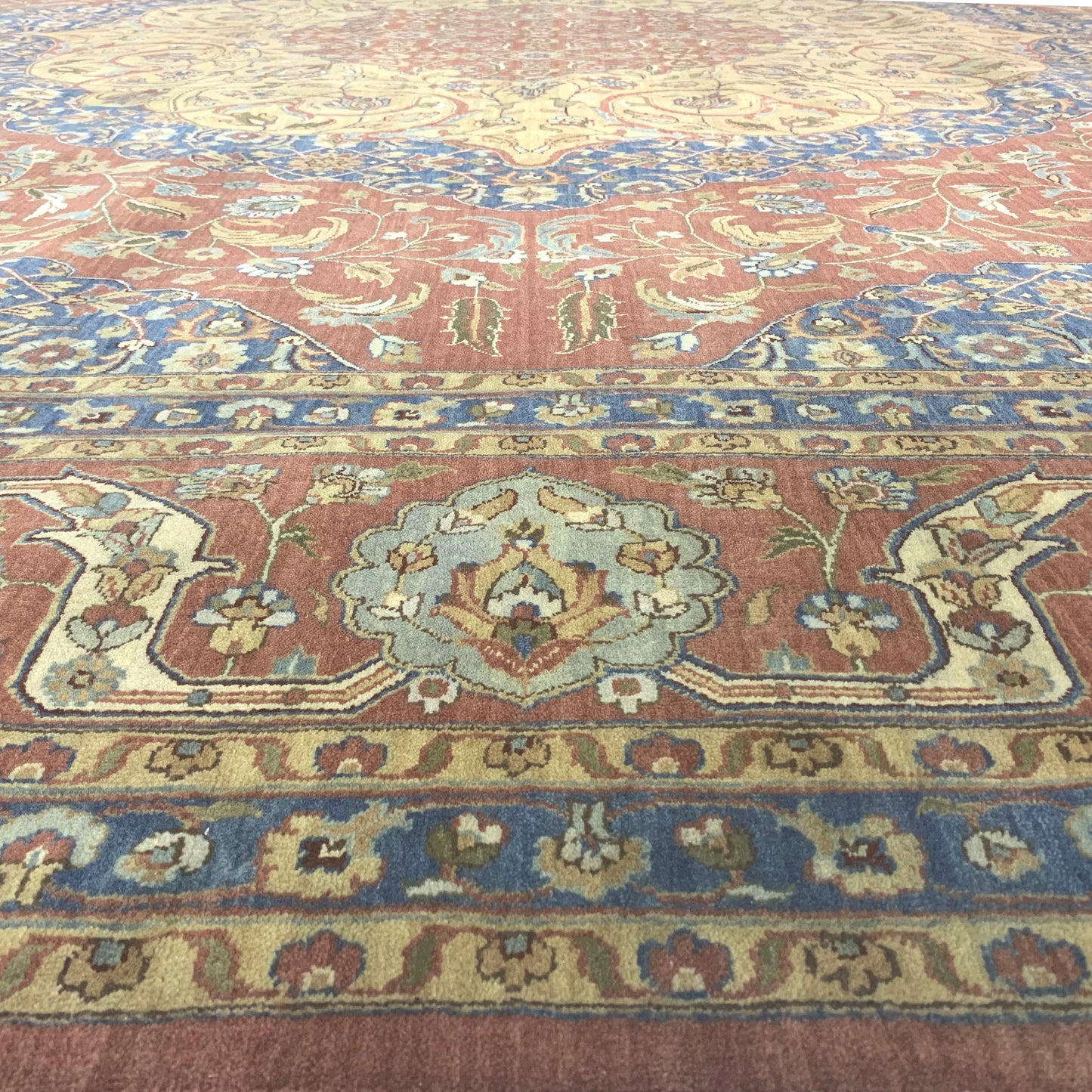 Blue and Yellow, Pure Wool Regular Traditional Handknotted 12.1X15.3Ft 367X464Cms Area Rug
