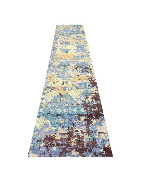 Ivory and Blue Silk and Wool Modern Handknotted Runner Rug 2.5X13.9ft 74X417cms