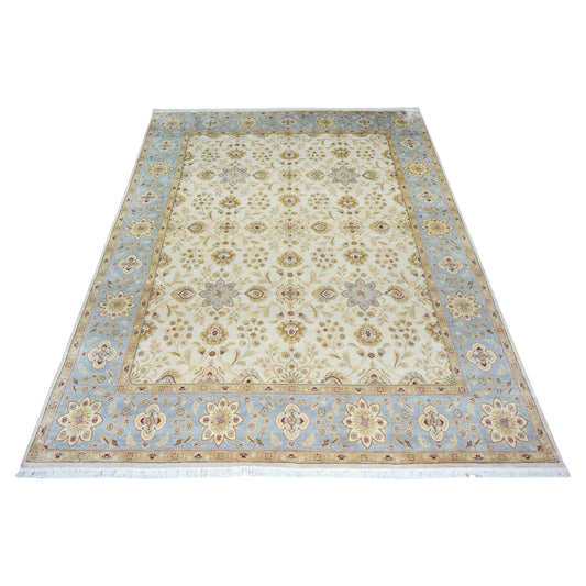 Darbar Ivory, Silver and Camel Traditional Floral Pure Silk Handknotted 8.1x10.2Ft 245x310Cms Area Rug