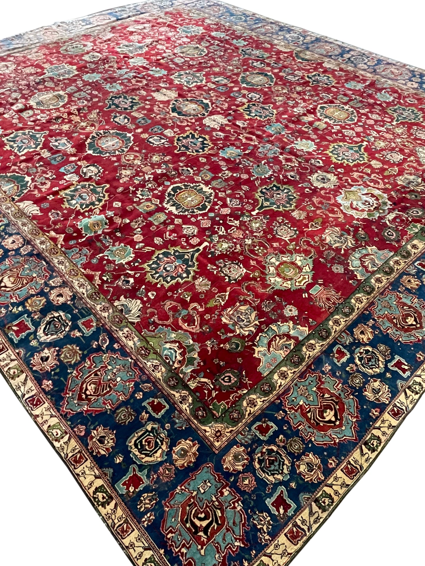 Blue and Red, Pure Wool Antique Handknotted 14.6x17.0Ft 443x518Cms Area Rug