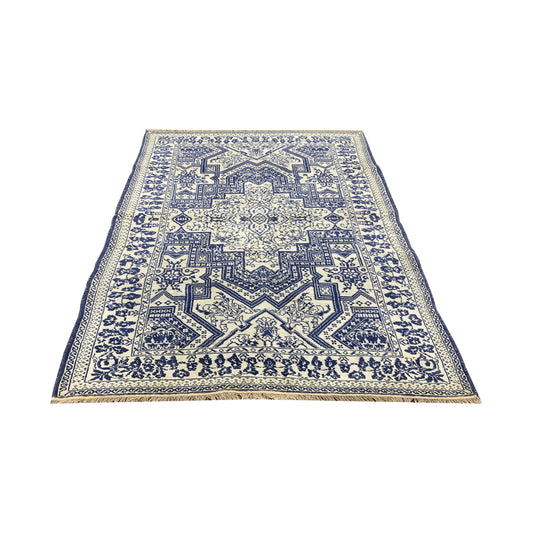 Ivory and Blue, Pure Cotton Antique Khotan Handknotted 4.5x6.10Ft 134x209Cms Area Rug