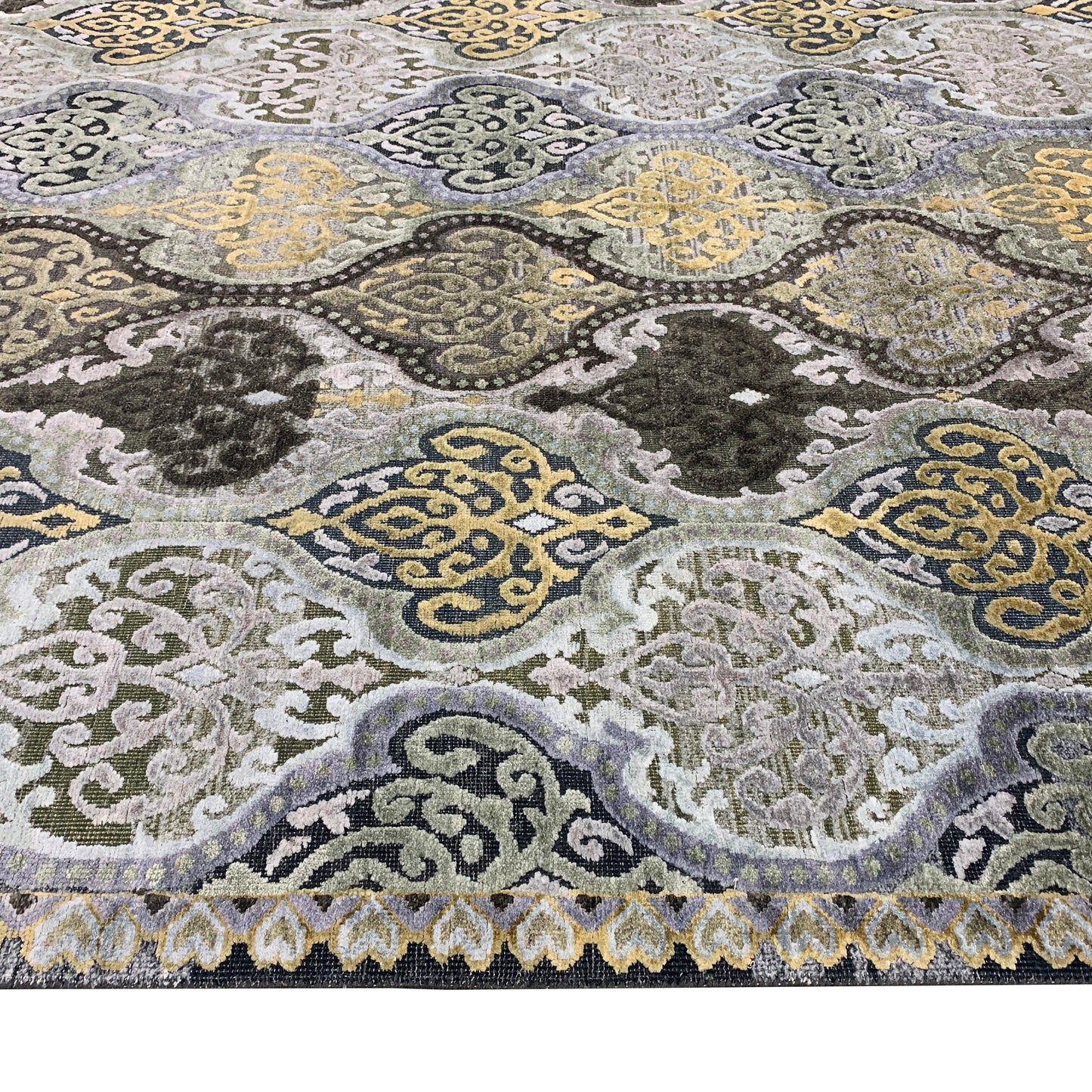 Gold and Silver, Silk and Wool Oxidized Assorted Transitional Damask Handknotted 7.7x7.11Ft 233x243Cms Area Rug