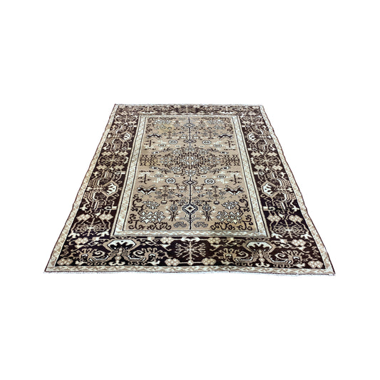 Brown and Camel, Pure Cotton Antique Khotan Handknotted 4.5x6.3Ft 134x190Cms Area Rug