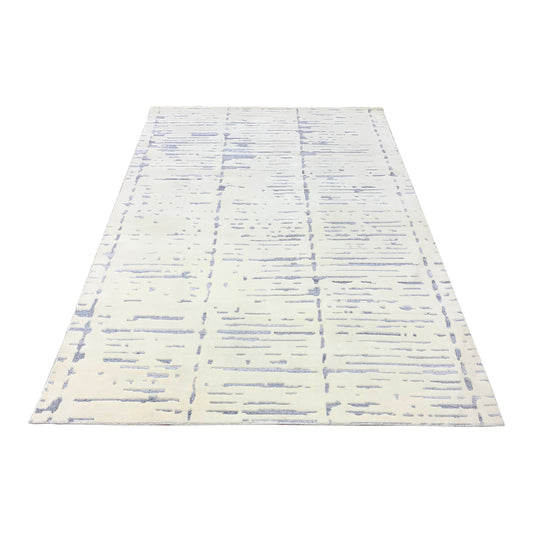 Ivory and Silver, Viscose and Wool Modern Geometrical Handknotted 5.1x7.1Ft 156x215Cms Area Rug