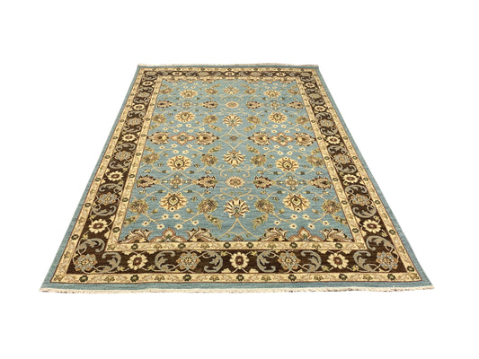 L.Blue and Brown, Pure Wool Lo-Pile Traditional Soumak Handknotted 6.1x8.11Ft 185x270Cms Area Rug