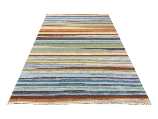 Grey and Multy, Pure Wool Lo-Pile Modern Strips Soumak Handknotted 6.2x9.0Ft 187x275Cms Area Rug