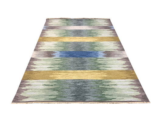 Grey and Multy, Pure Wool Lo-Pile Modern Canvas Soumak Handknotted 6.1x8.11Ft 186x272Cms Area Rug