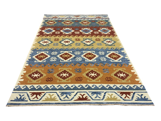 Ivory and Multy, Pure Wool Lo-Pile Traditional Kazak Soumak Handknotted 6.1x8.11Ft 185x272Cms Area Rug