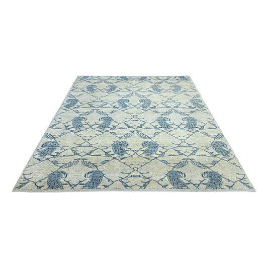 Grey and Blue, Pure Wool Zero Pile Transitional Handknotted 7.9x10.1Ft 240x304Cms Area Rug