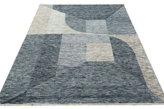 Grey Blue, Pure Wool Modern Abstract Handknotted 8.0x10.0Ft 245x306Cms Area Rug