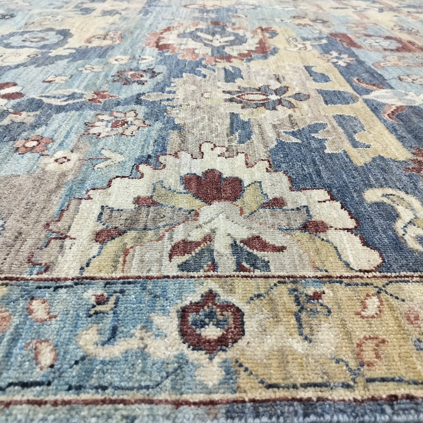 L. Blue Multy, Pure Wool Transitional Agra Handknotted 8.10x12.0ft 270x367Cms Area Rug