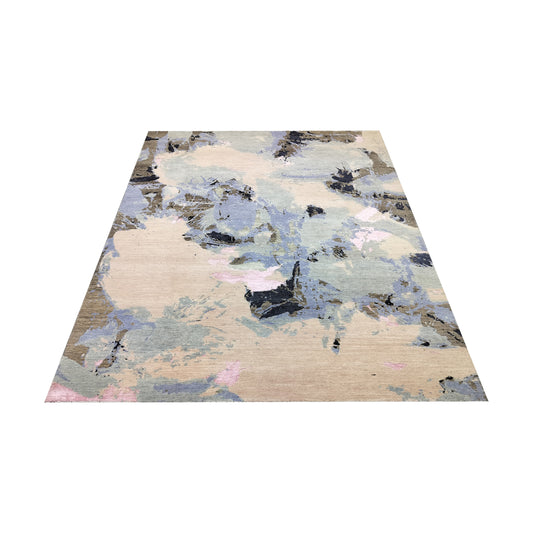 L. Blue, Brown, L. Pink and Black Pure Wool Modern Abstract Handknotted 7.11x10.1ft 243x308Cms Area Rug