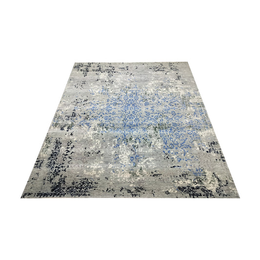 Grey, Blue and Ivory Pure Wool Transitional Handknotted 7.11x10.1ft 242x307Cms Area Rug