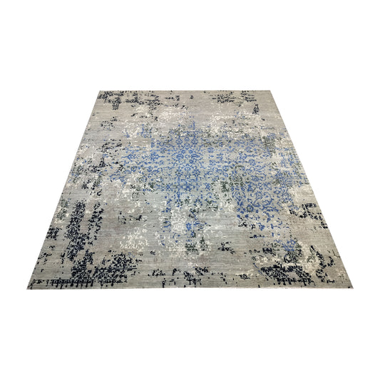 Grey Blue, Wool Traditional Erased Handknotted 8.1x9.11ft 247x302Cms Area Rug