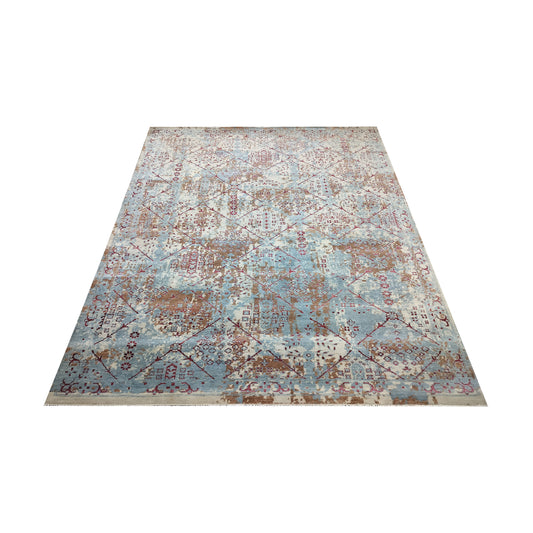 Grey, Brown, L. Blue and Red Pure Wool Transitional Handknotted 7.11x9.9ft 242x297Cms Area Rug
