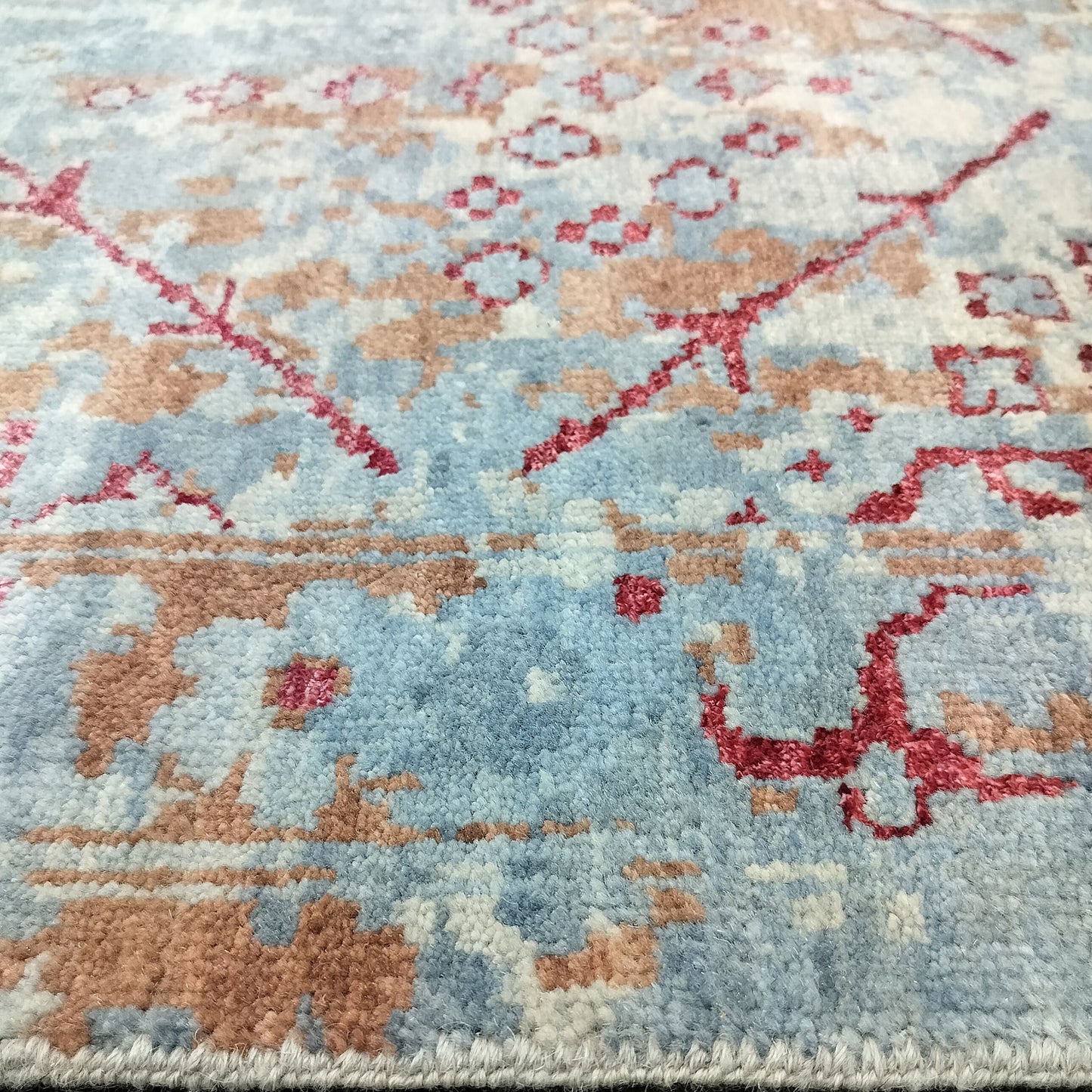 Grey, Brown, L. Blue and Red Pure Wool Transitional Handknotted 7.11x9.9ft 242x297Cms Area Rug