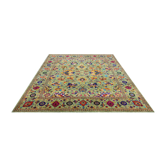 Green Multy, Sari Silk and Wool Hi-Lo Traditional Handknotted 7.11x9.9Ft 241x298Cms Area Rug
