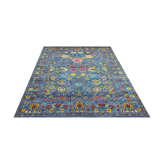 Blue Multy, Sari Silk and Wool Hi-Lo Traditional Handknotted 8.11x11.11Ft 271x362Cms Area Rug