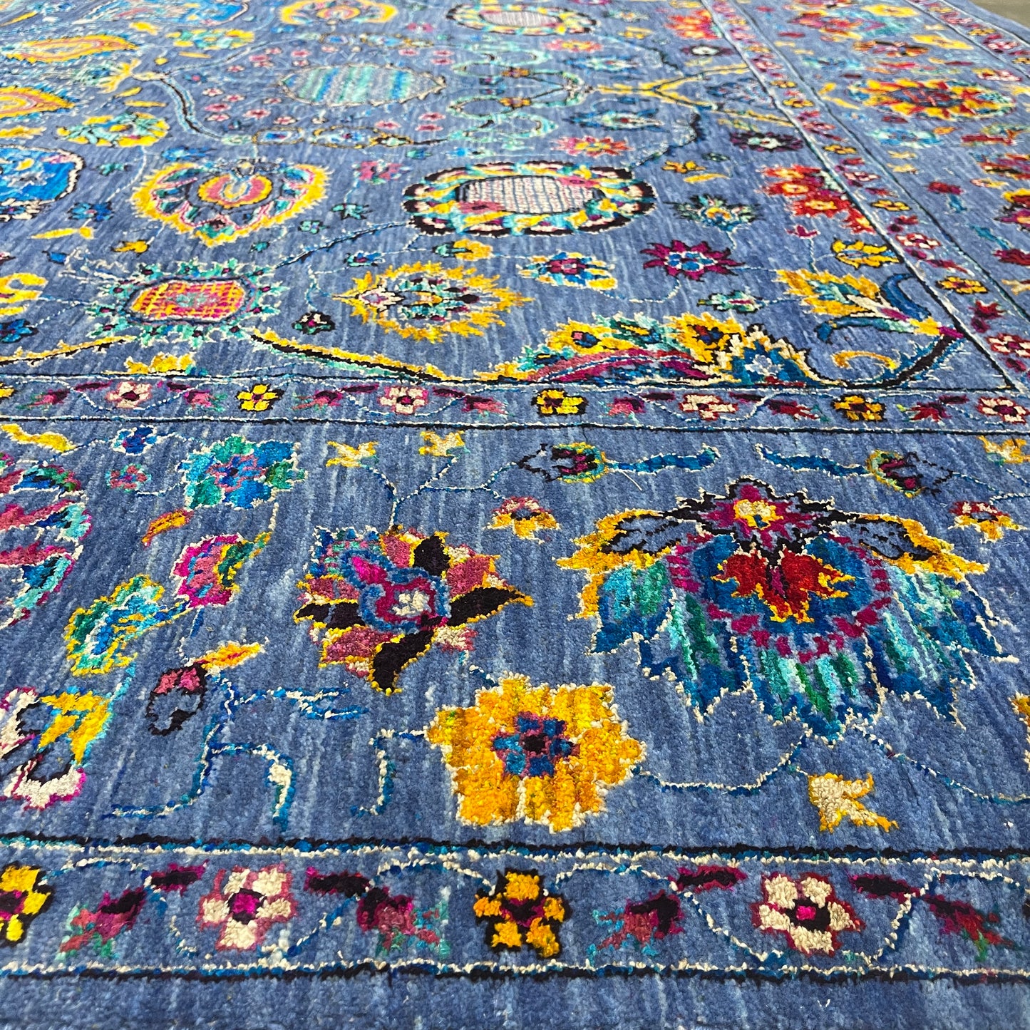 Blue Multy, Sari Silk and Wool Hi-Lo Traditional Handknotted 8.11x11.11Ft 271x362Cms Area Rug
