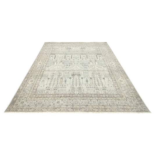 Grey Beige and Blue Pure Wool Traditional Handknotted 7.11x9.11Ft 237x302Cms Area Rug