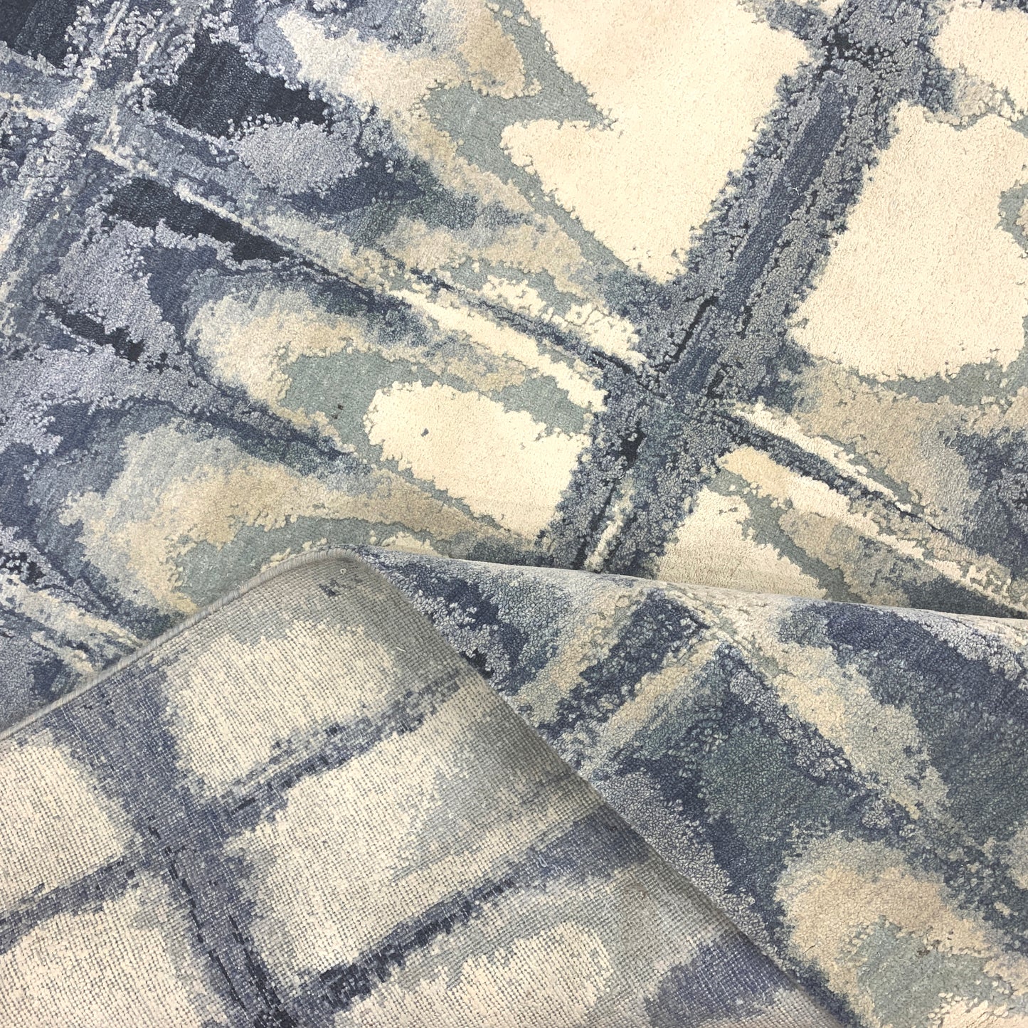 Beige, Grey and Blue Silk and Wool Modern Abstract Handknotted 9.0x12.6Ft 274x380Cms Area Rug