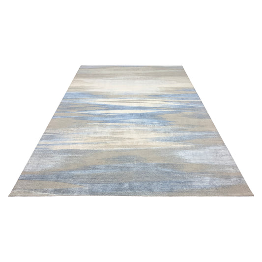 Grey Blue, Silk Wool Hi-Lo Modern Abstract HandKnotted 9.11x14.0Ft 301x427Cms Area Rug