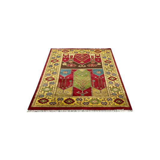 Gold and Multy, Pure Wool, Traditional HandKnotted 4.0x5.11Ft 122x180Cms Area Rug