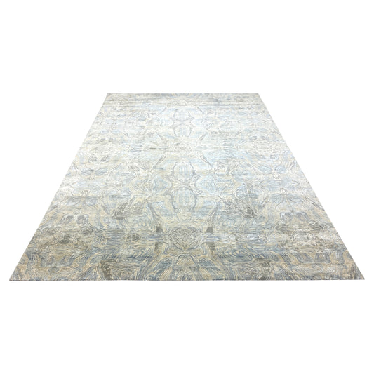 Beige, Grey and Blue Silk and Wool Modern Abstract Handknotted 9.0x12.6Ft 273x380Cms Area Rug