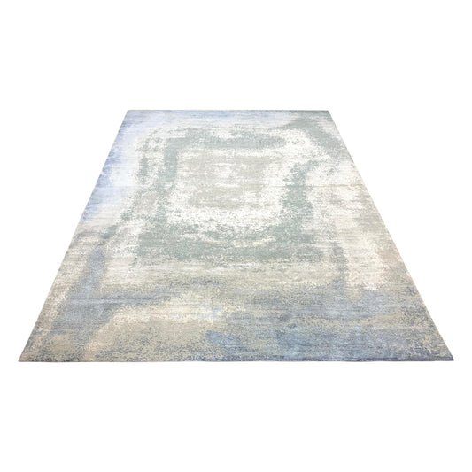 Grey and Blue Silk and Wool Modern Abstract Handknotted 8.11x12.2Ft 272x370Cms Area Rug