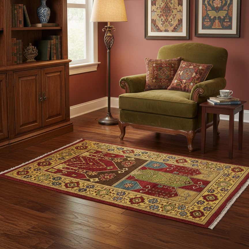 Gold and Multy, Pure Wool, Traditional HandKnotted 4.0x5.11Ft 122x180Cms Area Rug