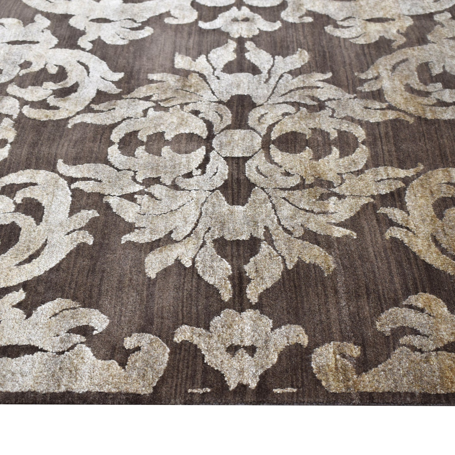 Lisbon Damask Brown and Ivory Transitional Silk and Wool Handknotted 8.11x12.4Ft 271x367Cms Area Rug