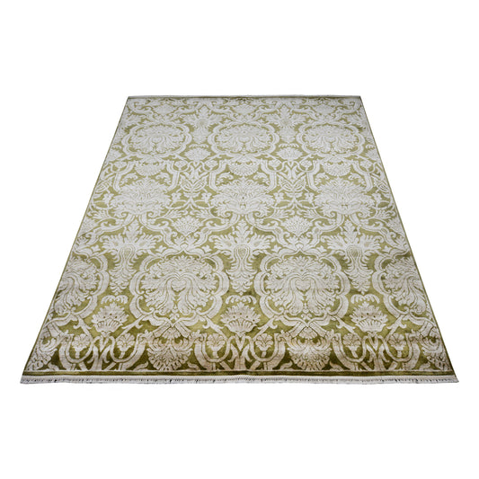Elegacy Olive Green and Ivory Transitional Damask Handknotted 7.11x10.2Ft 241x309Cms Area Rug