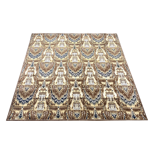 Brown and Beige, Pure Silk Regular Assorted Transitional Ikat Handknotted 7.10x7.11Ft 240x243Cms Area Rug