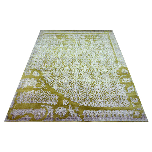 Olive Green and Ivory, Silk and Wool Hi-Lo Transitional Erased Jankat Handknotted 8.1x10.3Ft 245x311Cms Area Rug