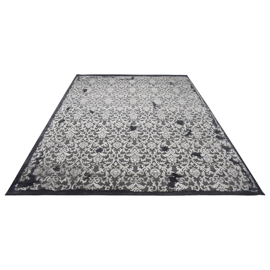 Grey Silver, Silk Wool Transitional Erased Handknotted 9.0x12.0Ft 275x365Cms Area Rug