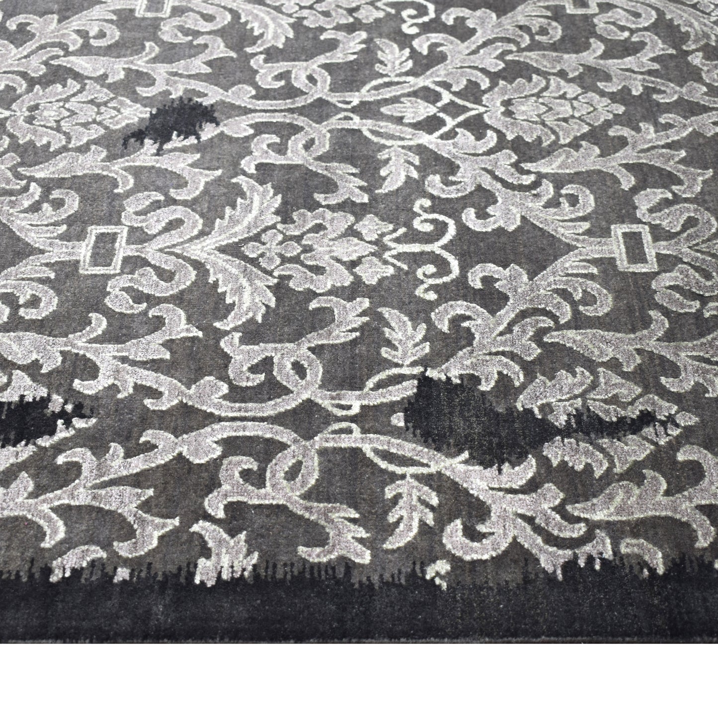 Grey Silver, Silk Wool Transitional Erased Handknotted 9.0x12.0Ft 275x365Cms Area Rug