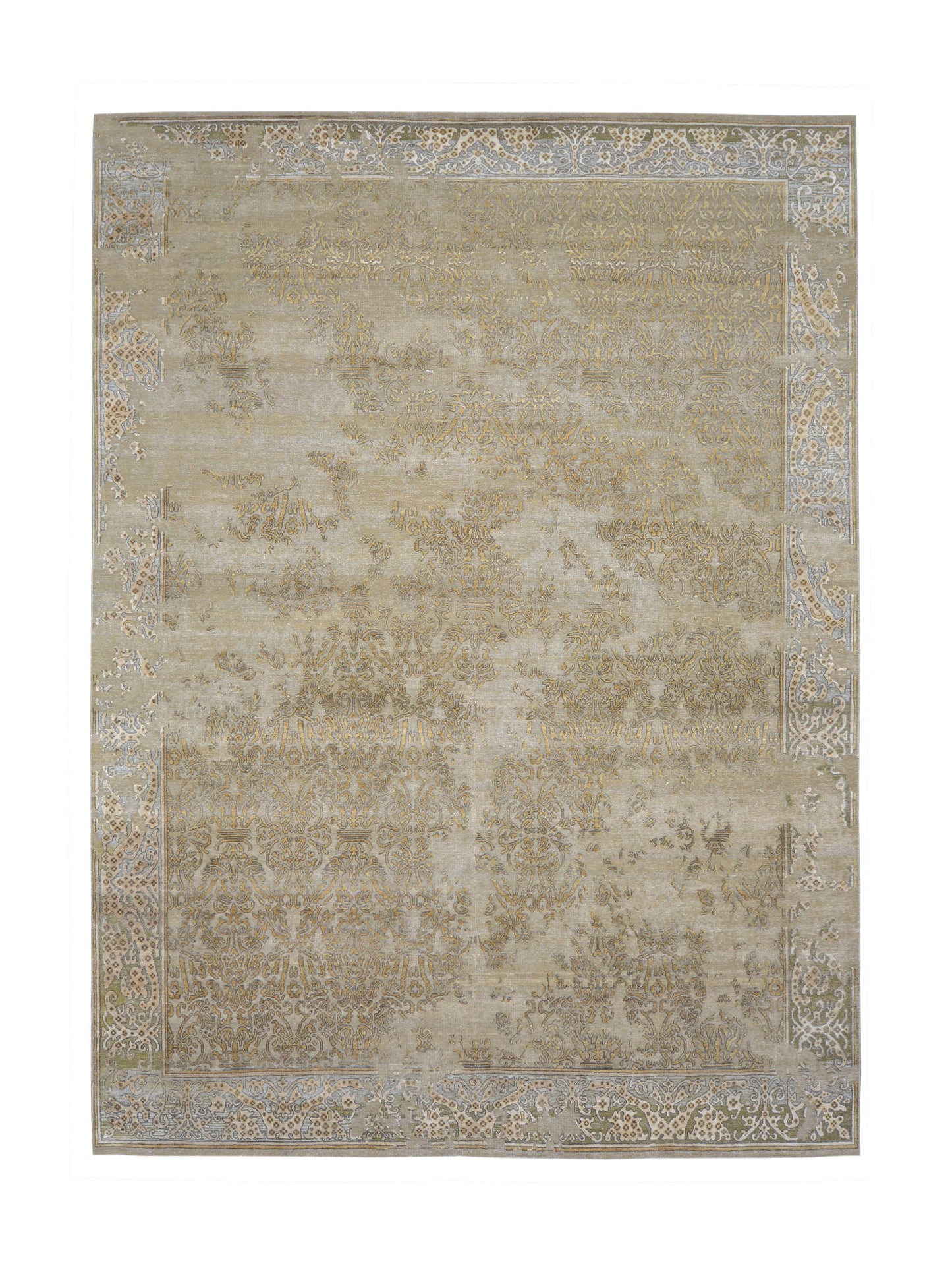 Camel, Gold Pure Silk Erased Handknotted Transitional Distressed Area Rug
