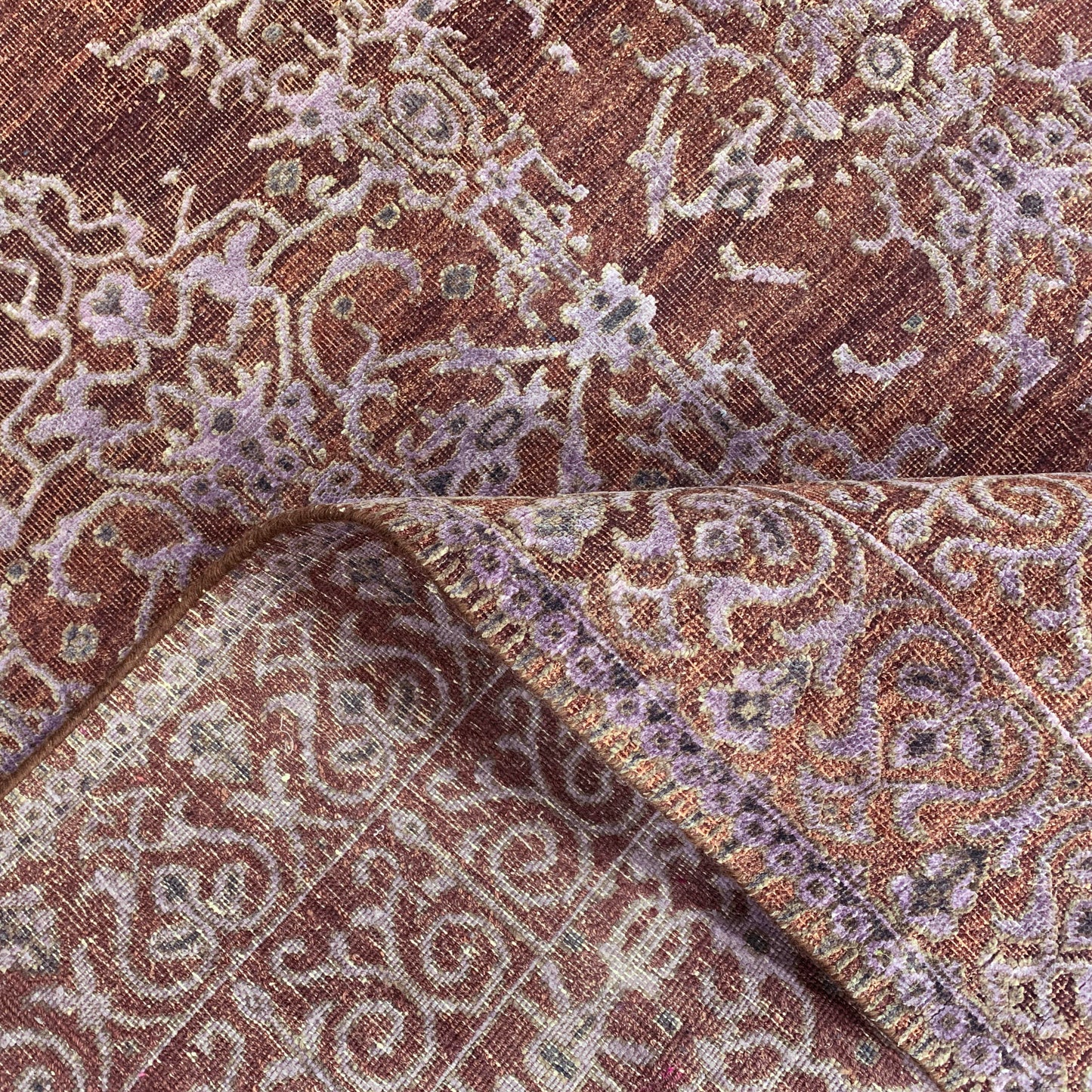 Brown and Silver, Silk and Wool Oxidized Assorted Transitional Erased Handknotted 7.9x7.8Ft 235x235Cms Area Rug